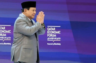 Presiden terpilih Prabowo Subianto saat menghadiri Qa­tar Economic Forum di Doha, Rabu (15/4/2024).